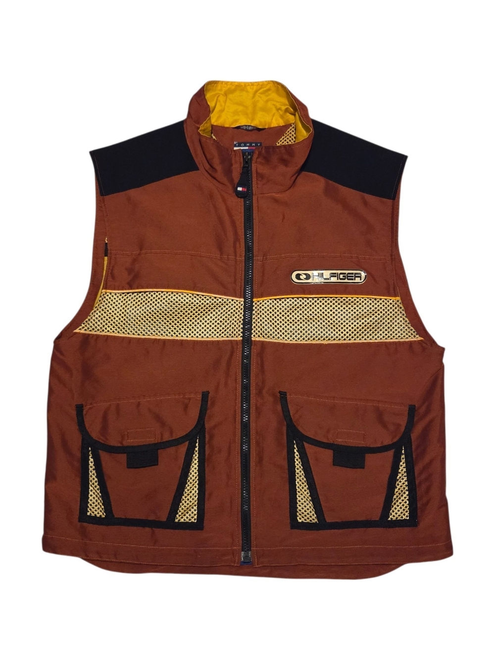 Tommy Hilfiger Men's Rust Brown Utility Vest with Yellow Accents